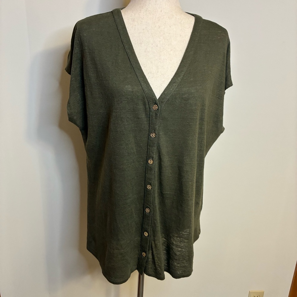 J. Jill Love Linen Green Short Sleeve Button Front Top Size M